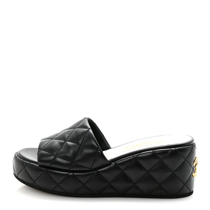 Chanel Lambskin Quilted Camelia CC Wedge Sandal Mules 40 Black 1 of 9
