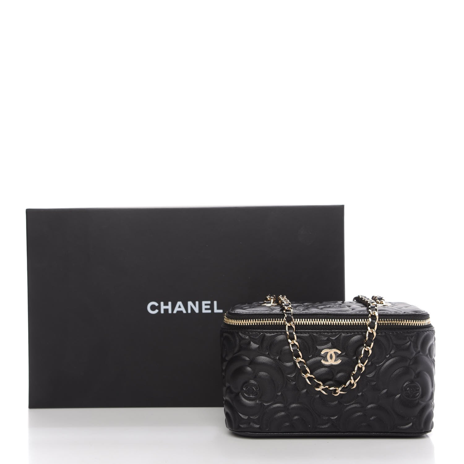 Chanel Lambskin Camellia Embossed Small Vanity Case With Chain Black 11 of 11