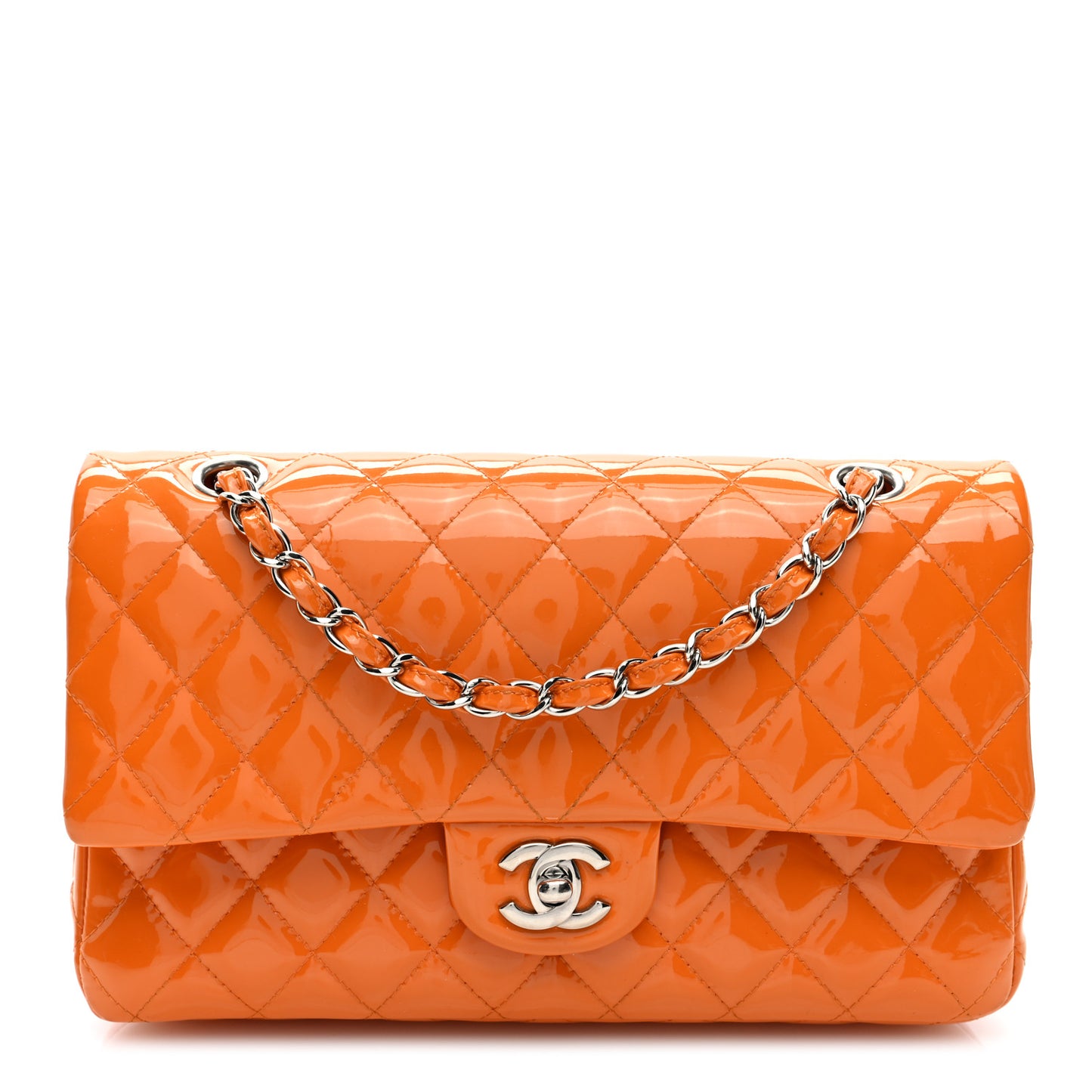 Patent Quilted Medium Double Flap Orange