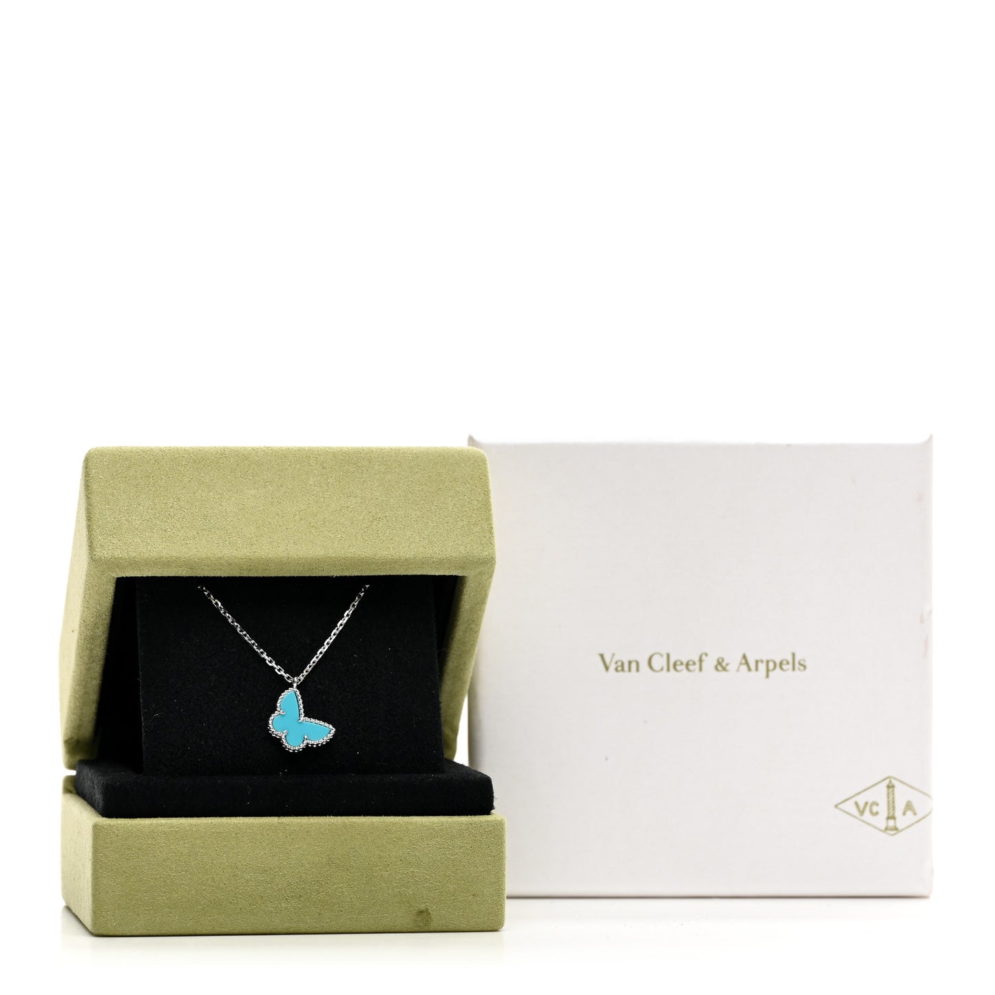 18K White Gold Turquoise Sweet Alhambra Butterfly Pendant Necklace