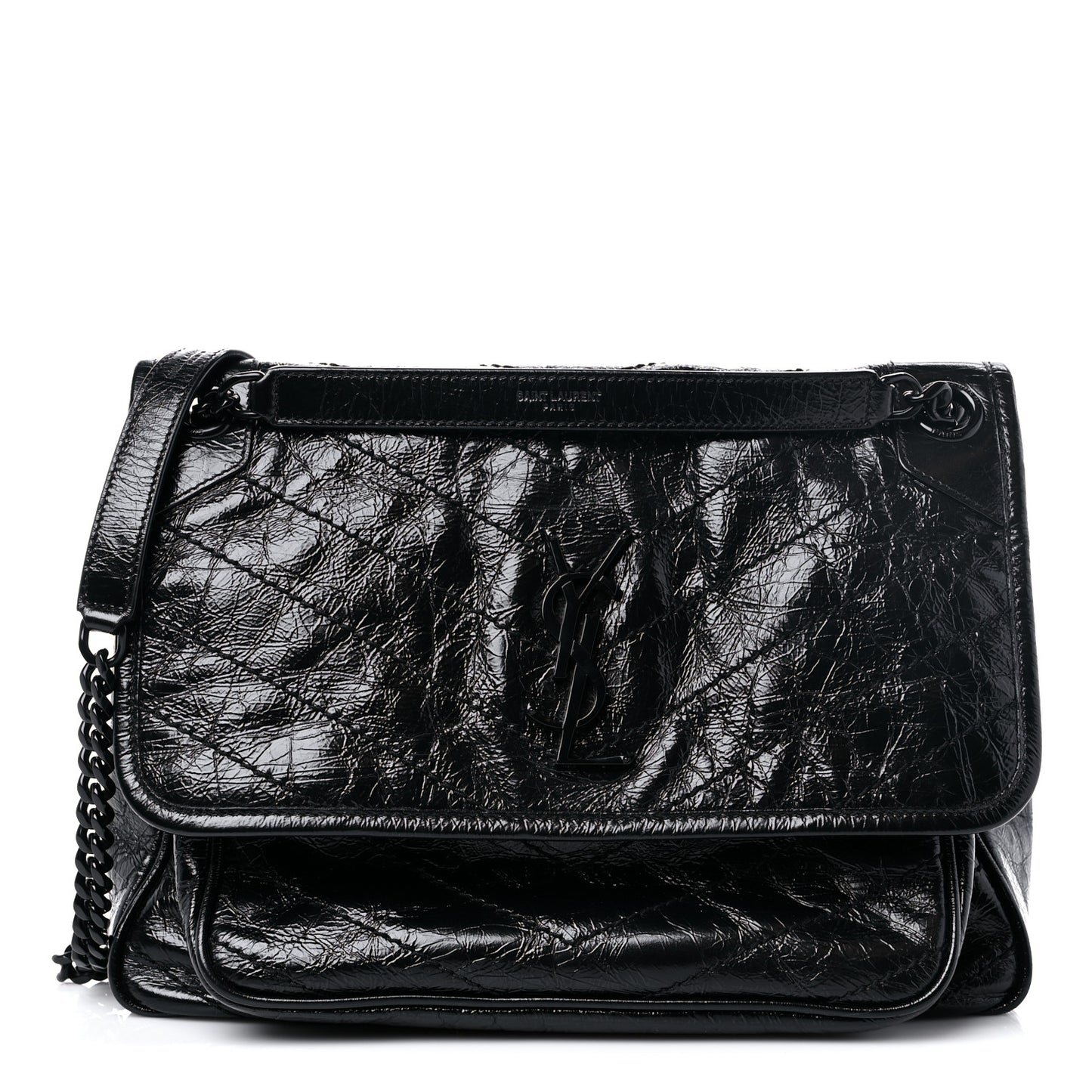 Crinkled Calfskin Matelasse Monogram Medium Niki Chain Satchel Black