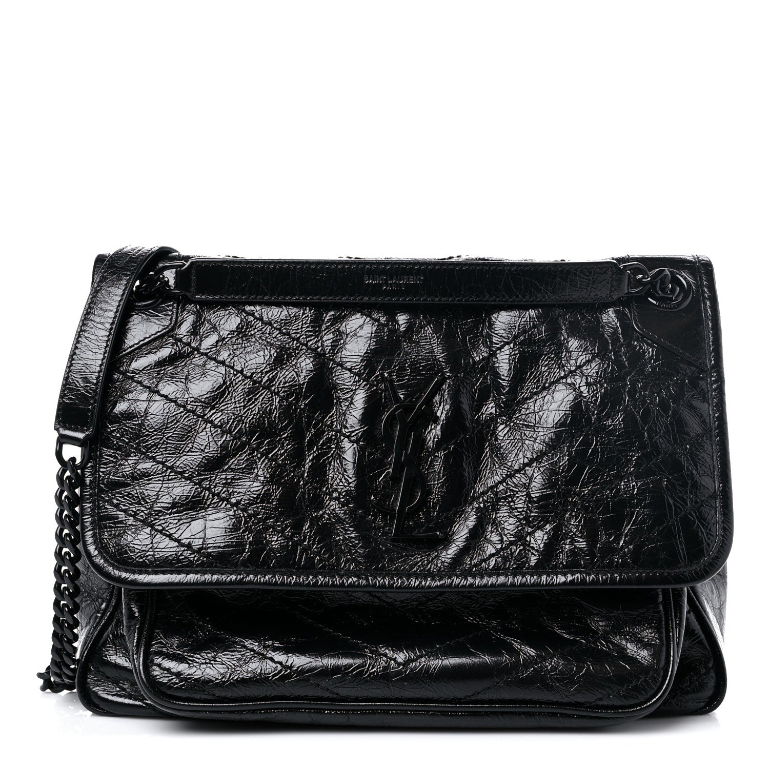Saint Laurent Crinkled Calfskin Matelasse Monogram Medium Niki Chain Satchel Black 1 of 9