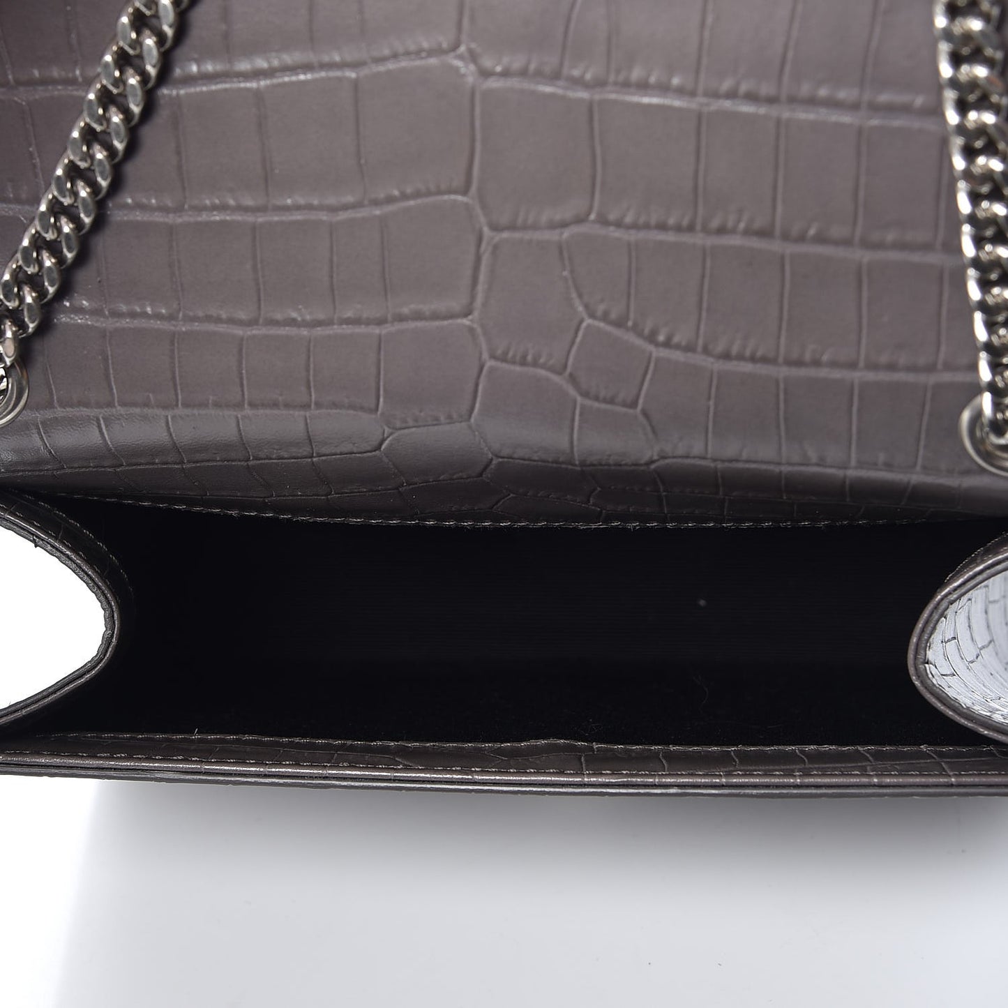 Calfskin Crocodile Embossed Small Classic Monogram Kate Tassel Satchel Fog