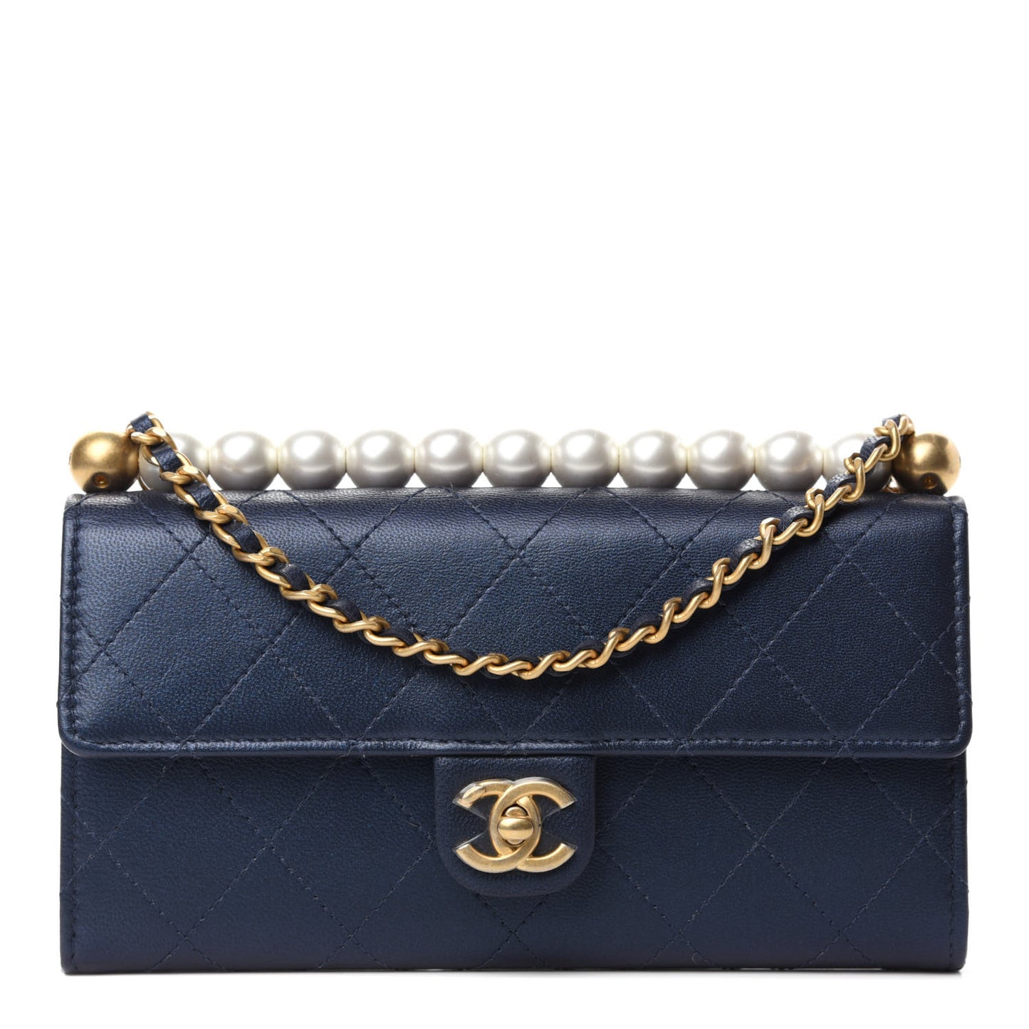 Iridescent Lambskin Quilted Chic Pearls Clutch With Chain Blue