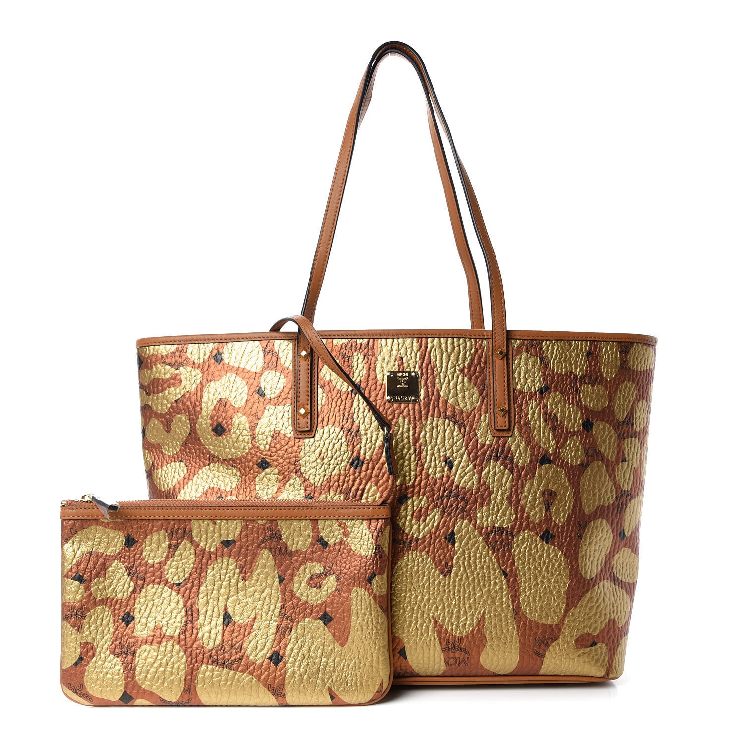 MCM Visetos Metallic Leopard Print Medium Anya Shopper Tote Cognac 1 of 10