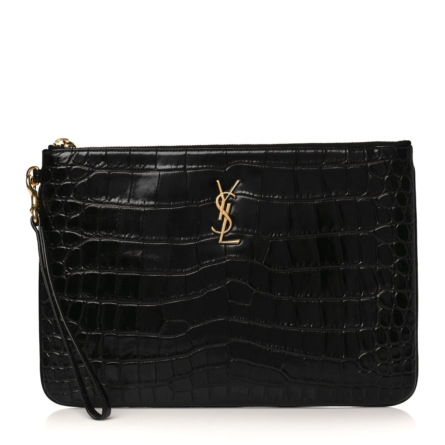 Saint Laurent Calfskin Crocodile Embossed Cassandre Tablet Pouch Black 1 of 8