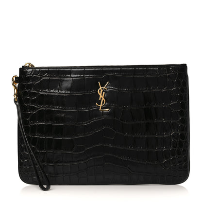 Saint Laurent Calfskin Crocodile Embossed Cassandre Tablet Pouch Black 1 of 8