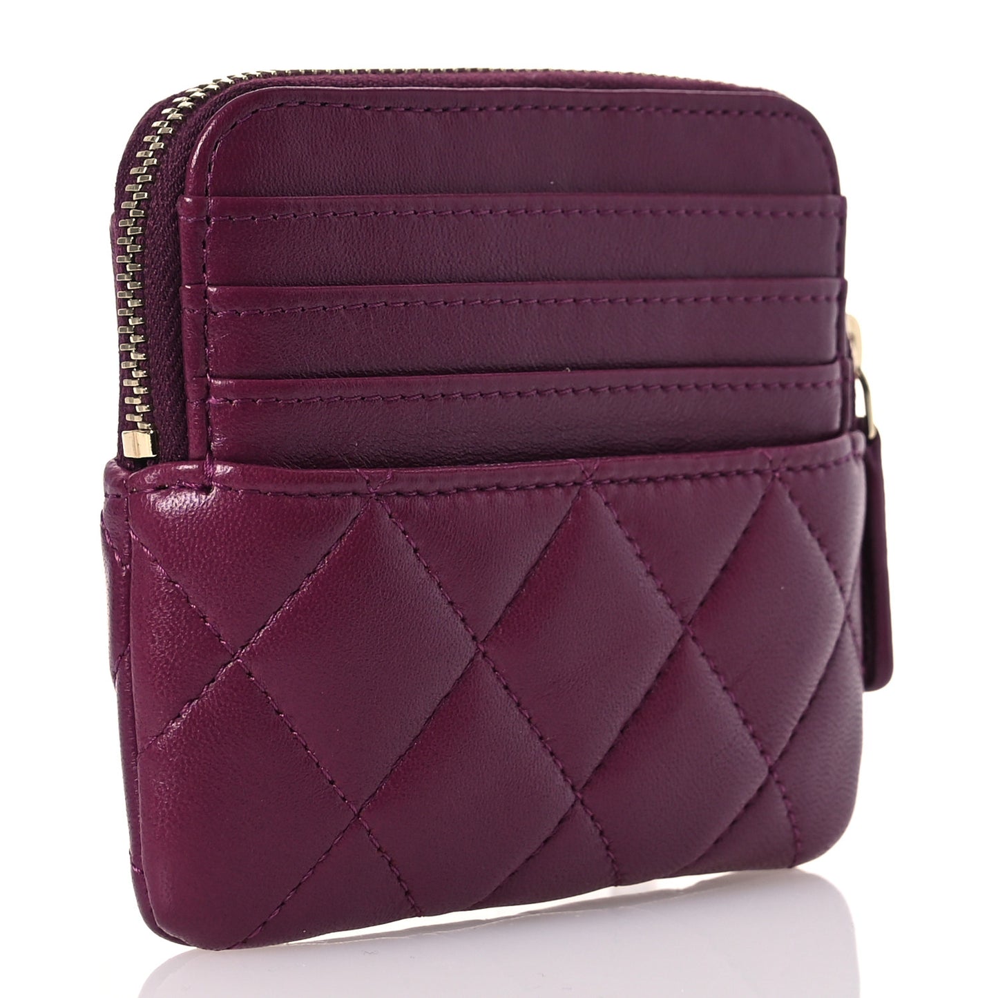 Lambskin Quilted Zip Card Holder Wallet Dark Purple