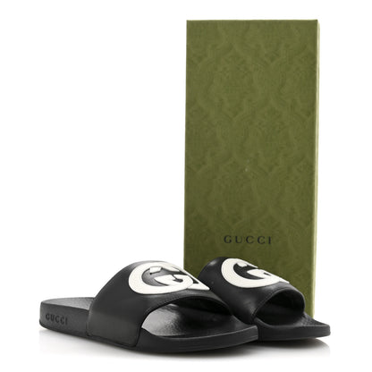 Gucci Nappa Miro Soft Calfskin Womens Interlocking G Slide Sandals 38 Black White 11 of 11