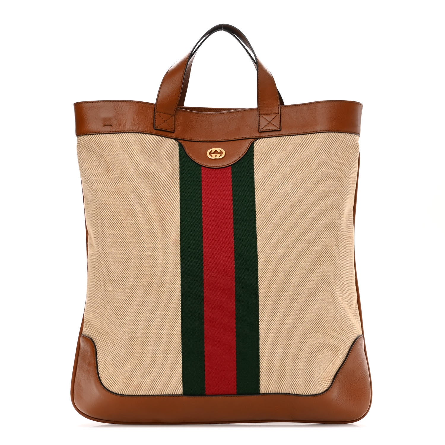 Gucci Vintage Canvas Calfskin Web Flat Tote Sand Light Cuir 1 of 10