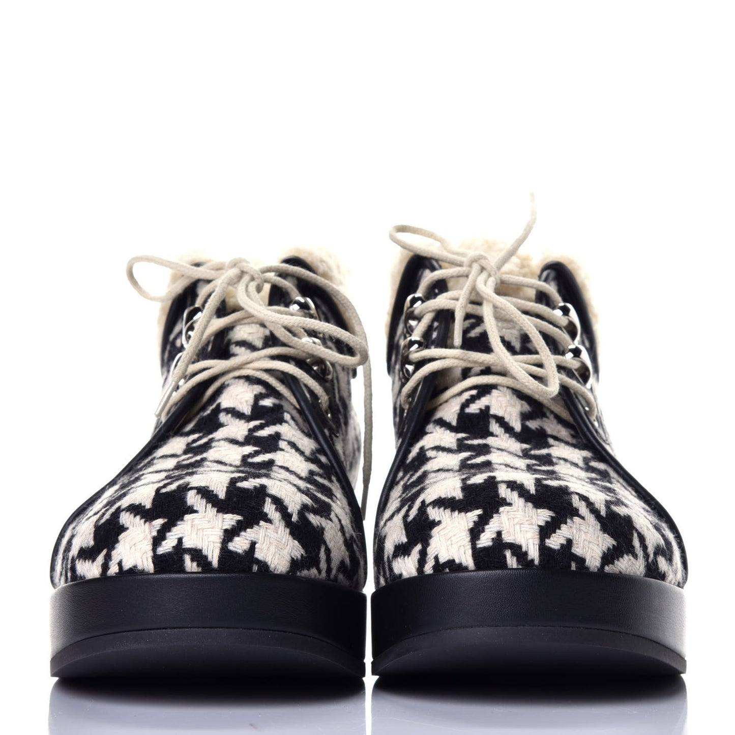 Optical Tweed Faux Shearling Houndstooth Victor Lace Up Ankle Boots 38 White Black