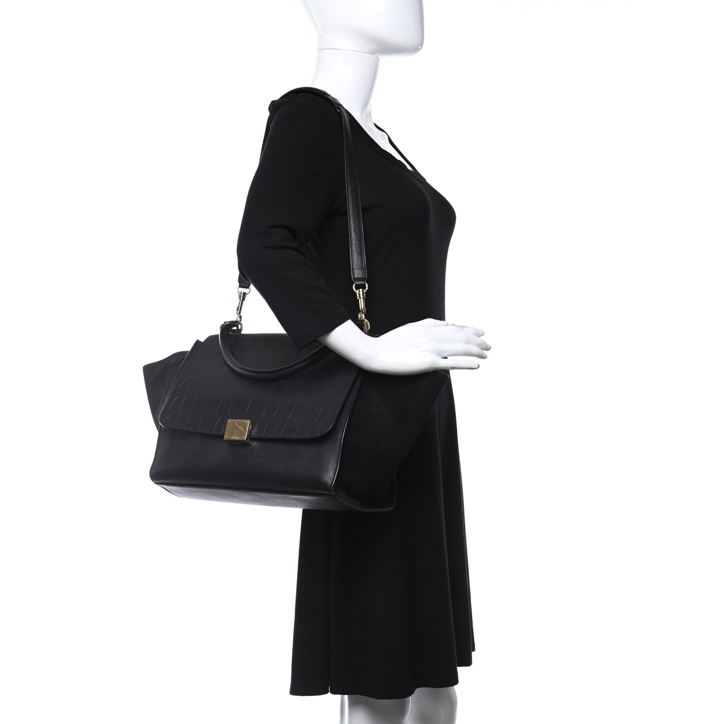 Crocodile Embossed Calfskin Suede Medium Trapeze Black