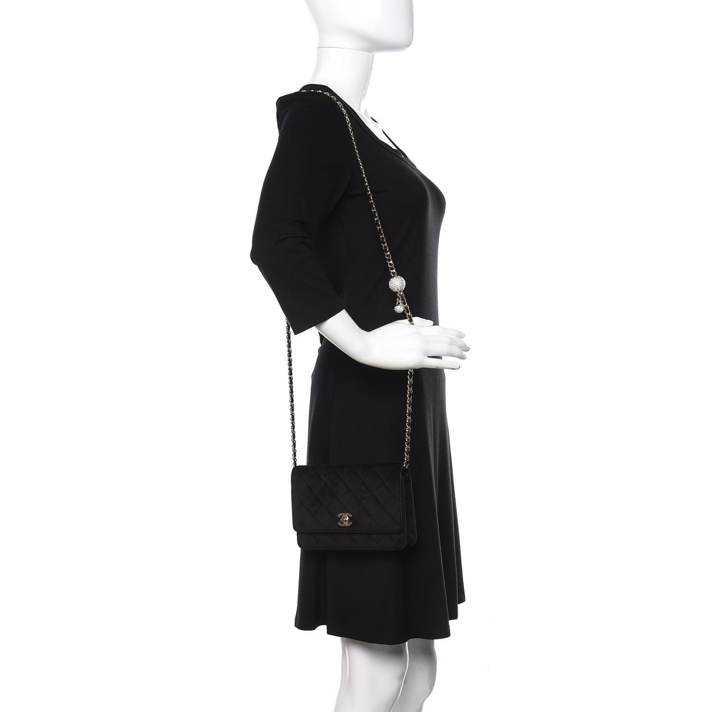 Velvet Quilted Pearl Crush Wallet On Chain WOC Black