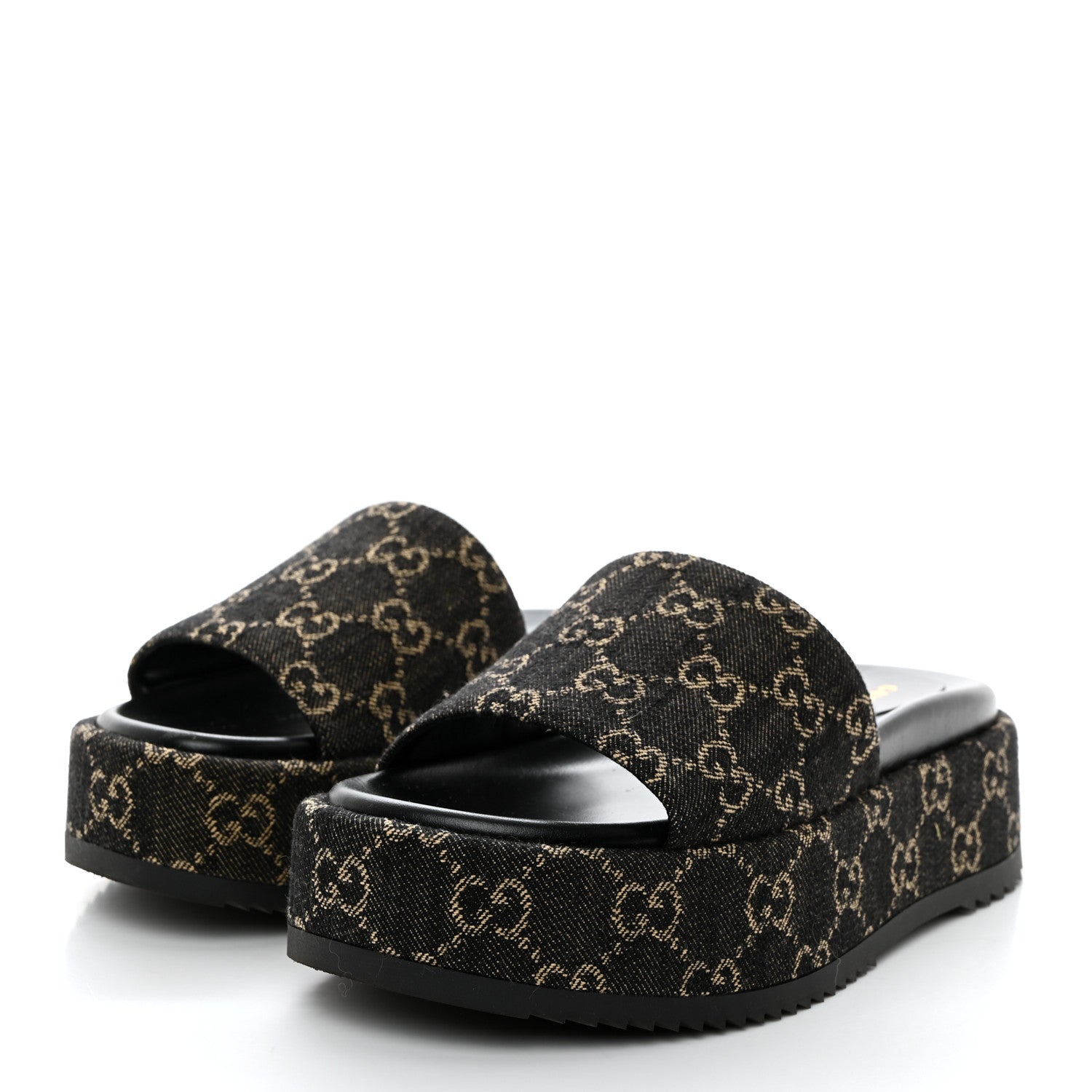 Gucci Jacquard Black Denim GG Monogram Angelina Platform 55mm Slide Sandals 36.5 Black Ivory 3 of 9