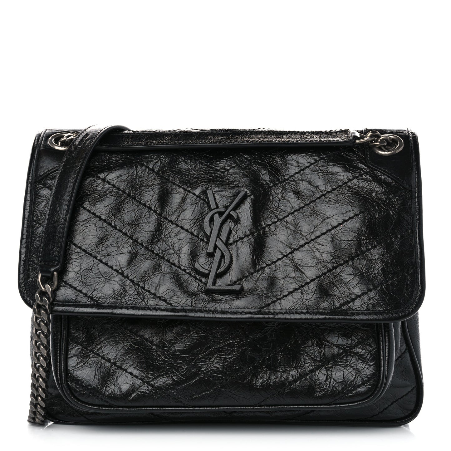 Crinkled Calfskin Matelasse Monogram Medium Niki Chain Satchel Black