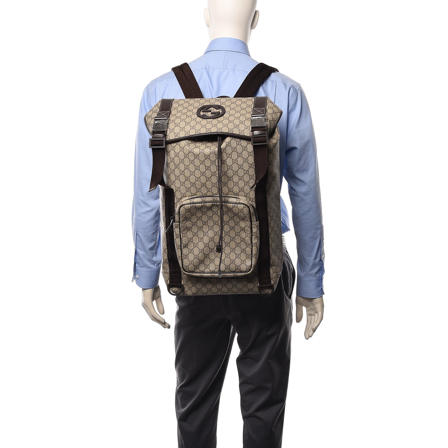 GG Supreme Monogram Large Interlocking G Double Buckle Backpack Dark Brown
