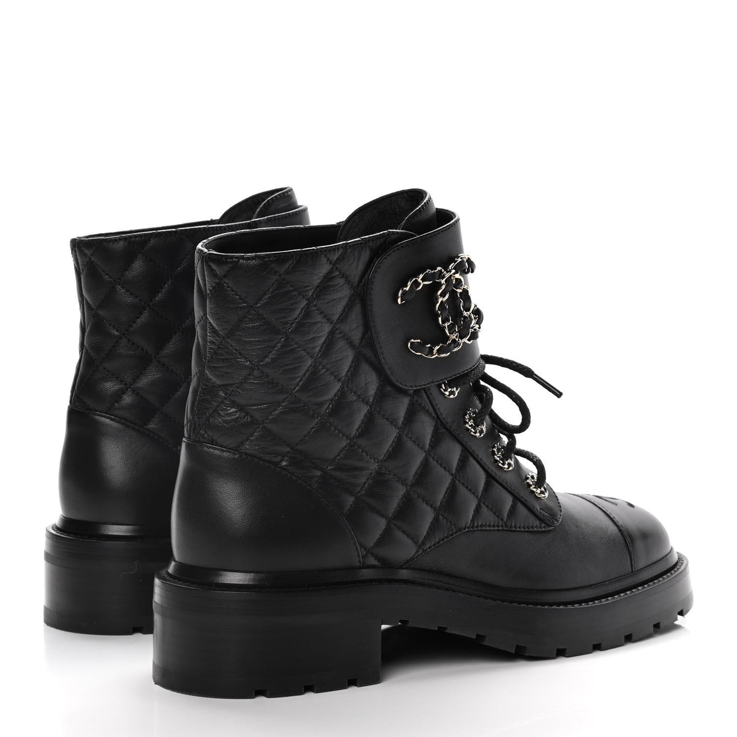 Shiny Lambskin Quilted Lace Up Combat Boots 39.5 Black