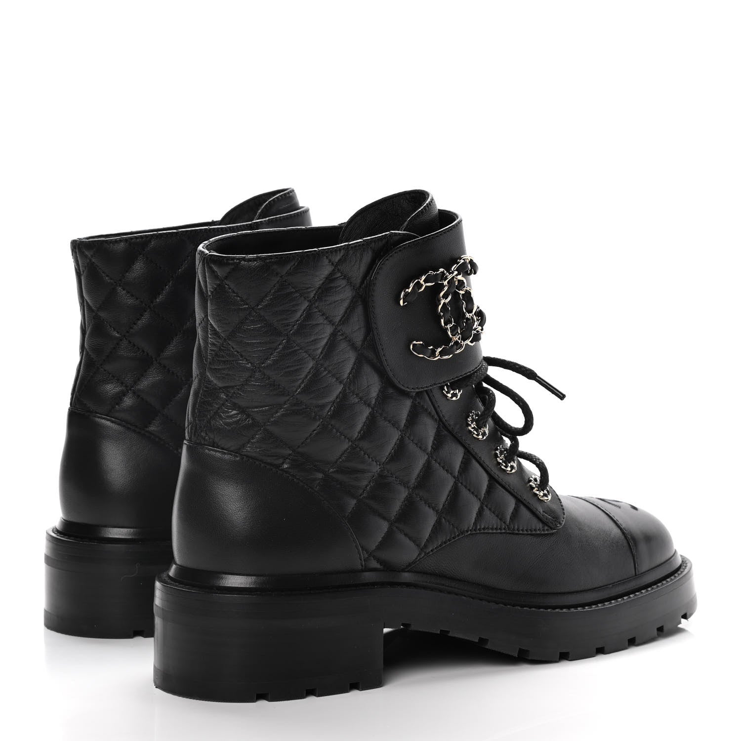 Chanel Shiny Lambskin Quilted Lace Up Combat Boots 39.5 Black 4 of 16