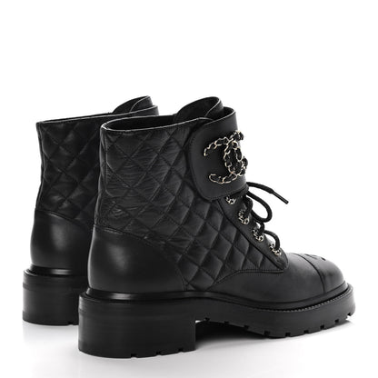 Chanel Shiny Lambskin Quilted Lace Up Combat Boots 39.5 Black 4 of 16