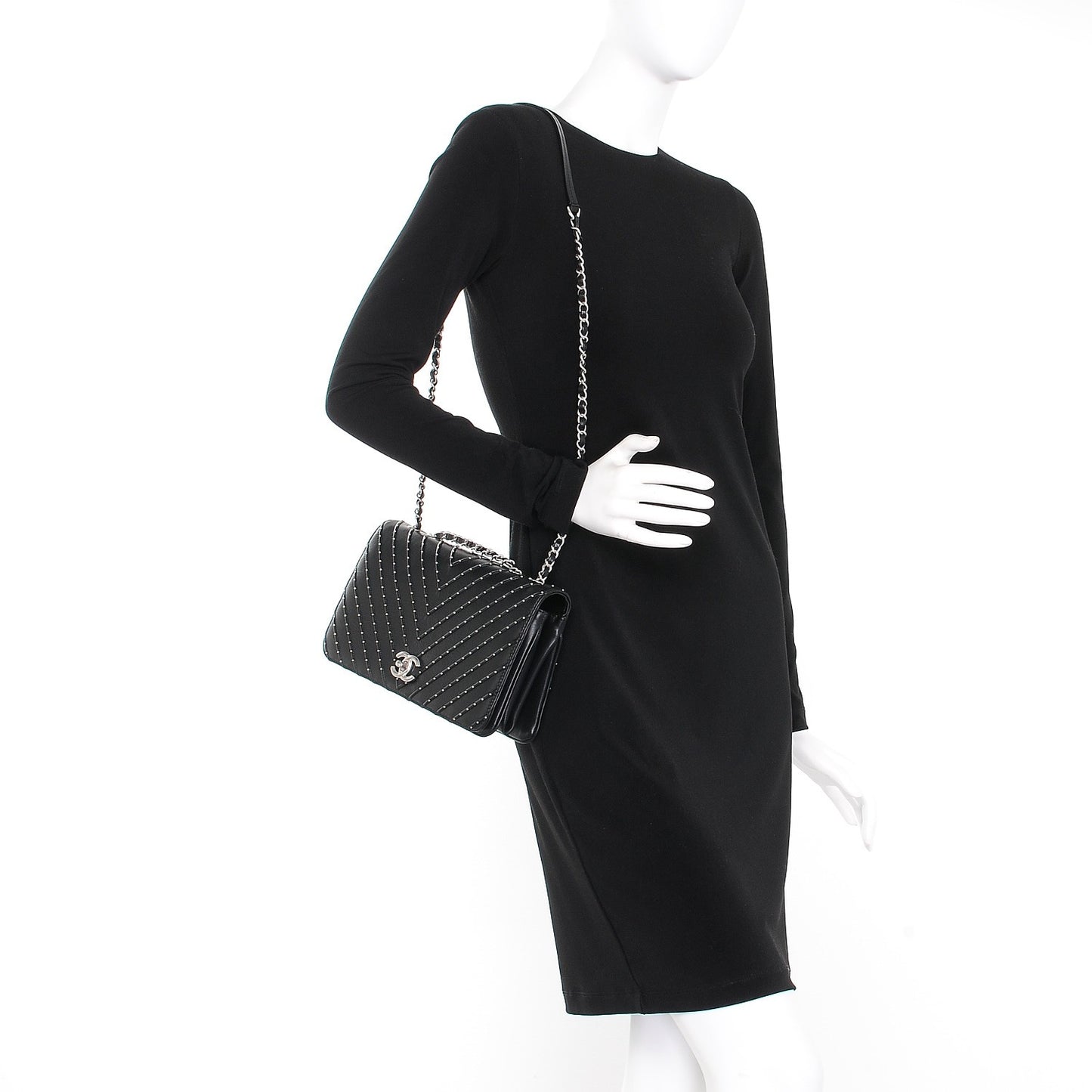 Calfskin Studded Chevron Quilted Flap Black