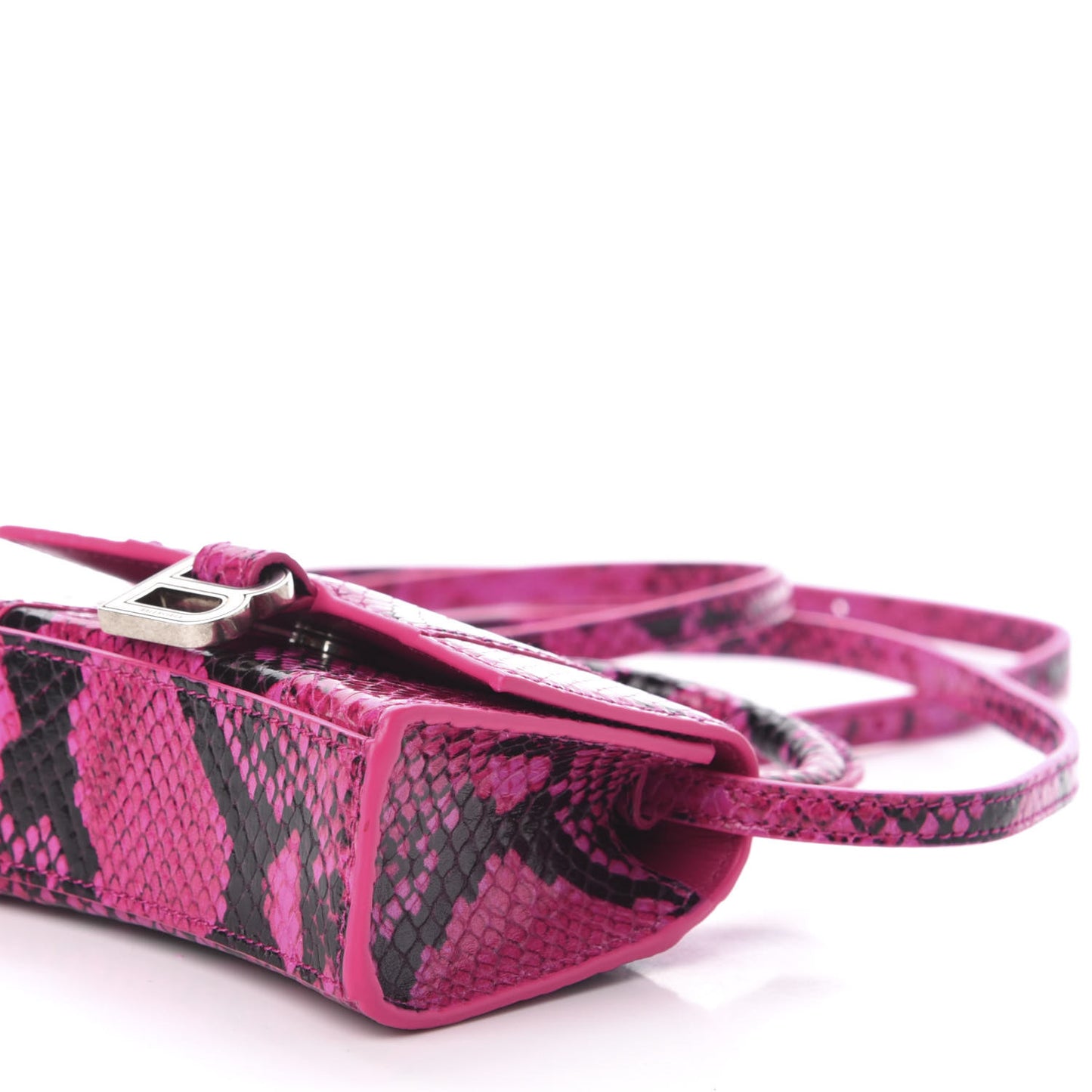 Shiny Calfskin Python Effect Hourglass Top Handle Bag Mini Fuchsia Black