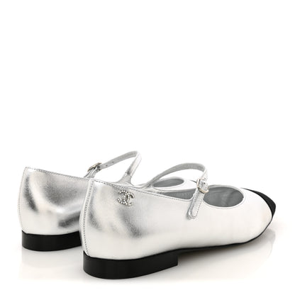 Chanel Laminated Calfskin Grosgrain Mary Janes Flats 40 Silver Black 5 of 9