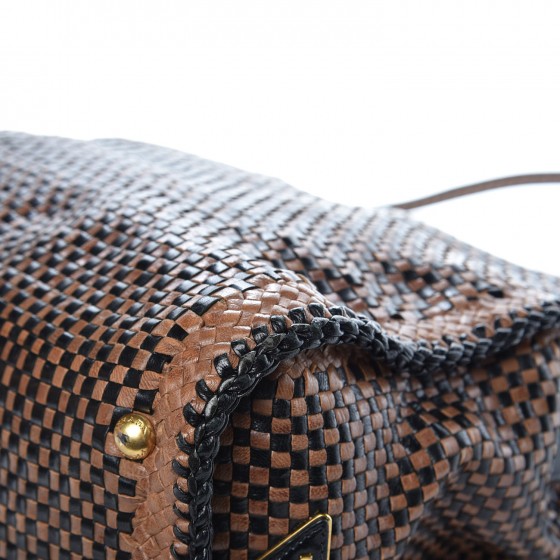 Prada Goatskin Woven Top Handle Satchel Black Tan 16 of 20