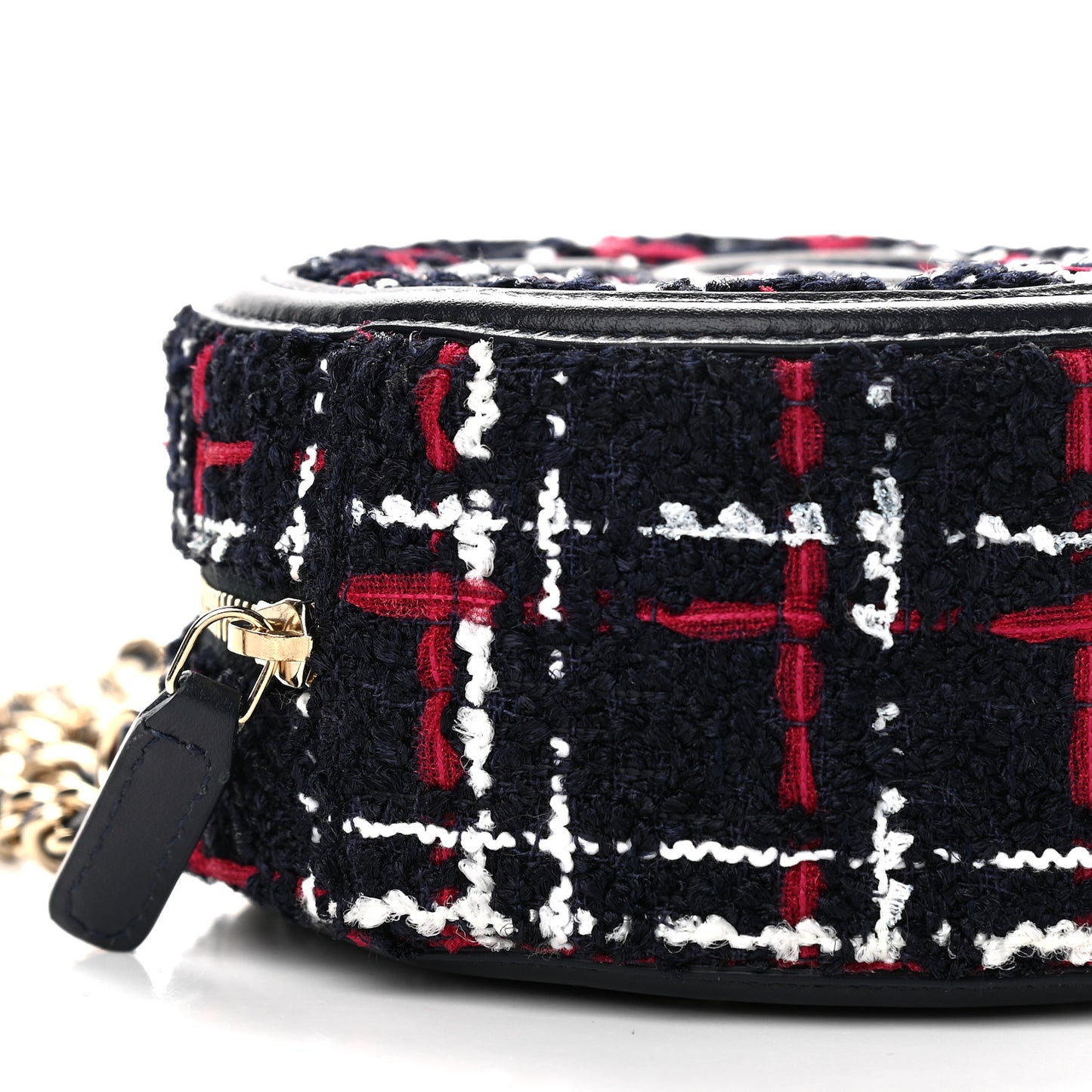 Tweed Quilted Round Filigree Clutch With Chain Navy Blue