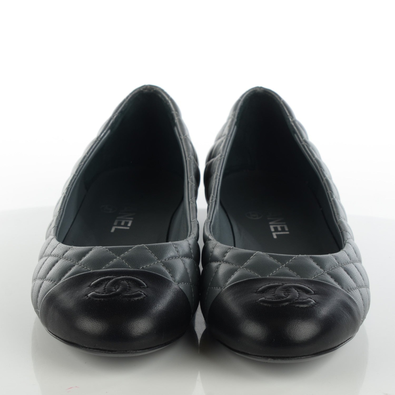 Chanel Lambskin Quilted Cap Toe CC Ballerina Flats 39.5 Charcoal Black 4 of 11