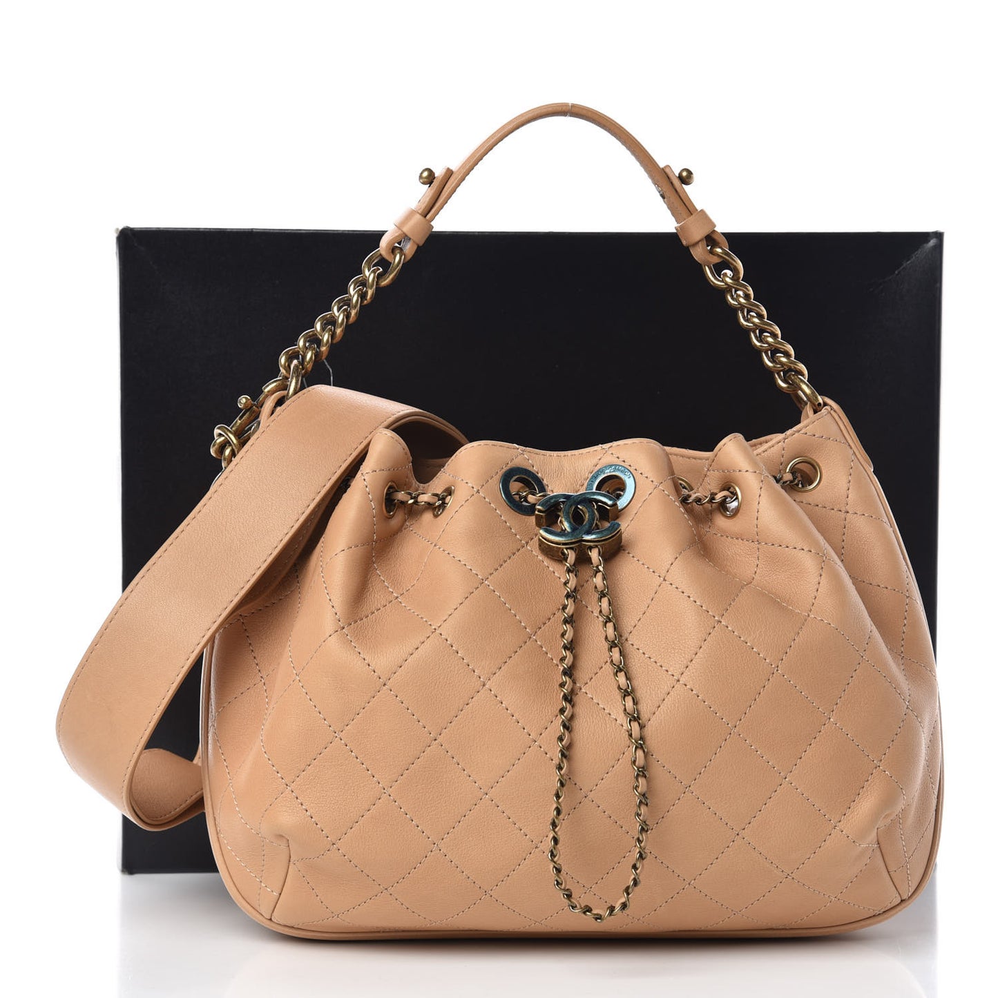 Calfskin Quilted Drawstring CC Medium Hobo Beige