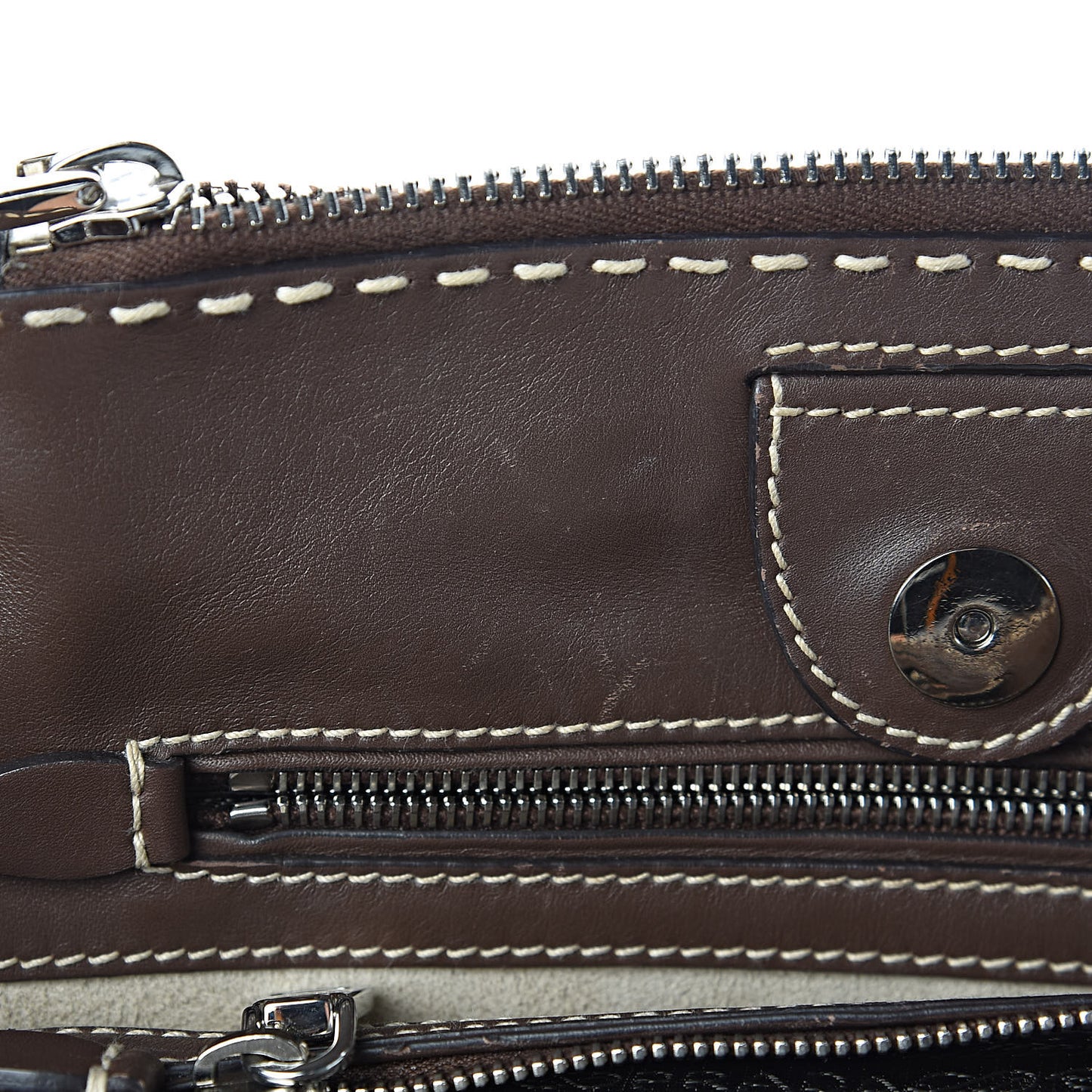 City Calf Small Stitched Twin Pocket Tote Cacao White