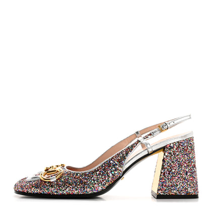 Gucci Glitter Nappa Silk Horsebit 75mm Slingback Pumps 41 Multicolor Argento 1 of 9