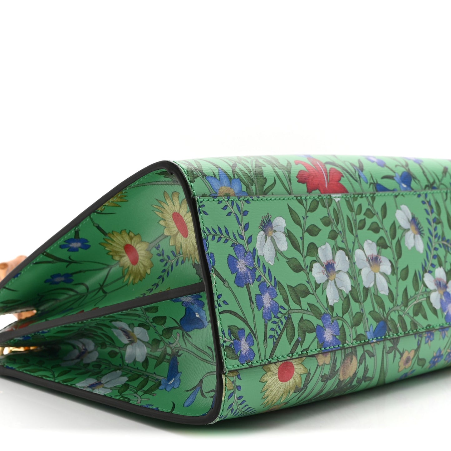 Calfskin Bamboo Web New Flora Small Nymphaea Top Handle Bag Green