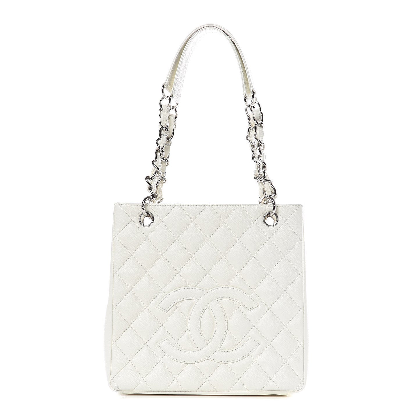 Caviar Quilted Petit Shopping Tote PST White