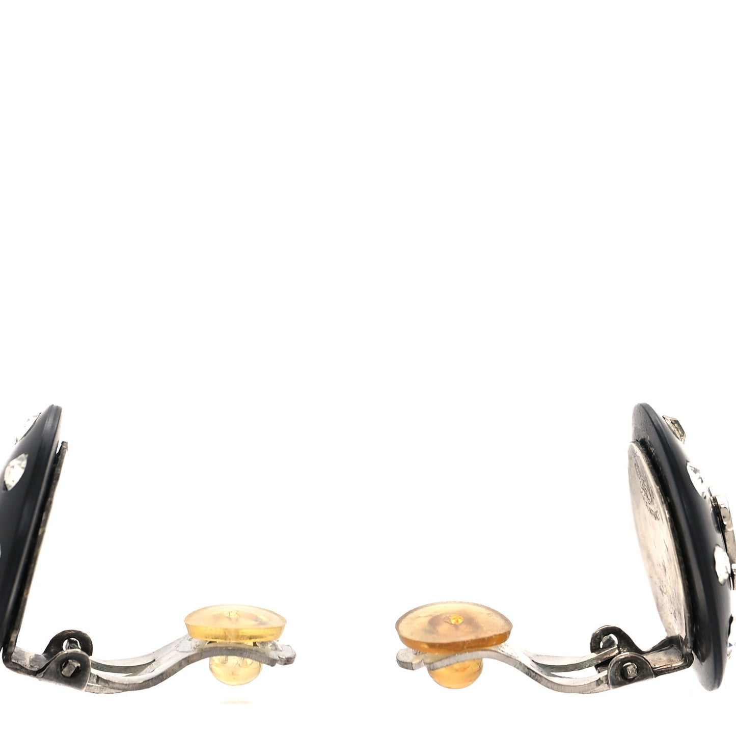 Resin Metal Crystal Studded CC Round Clip On Earrings Black Silver