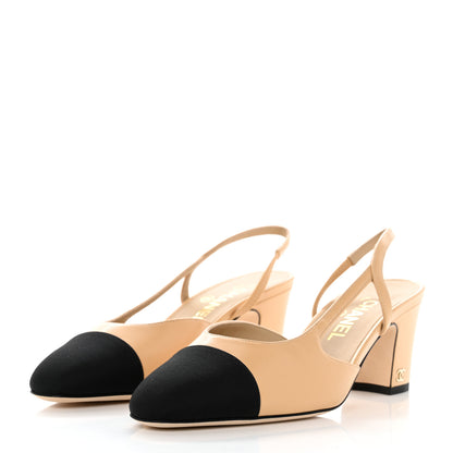 Chanel Goatskin Grosgrain Cap Toe CC Slingback Pumps 38 Beige Black 3 of 9