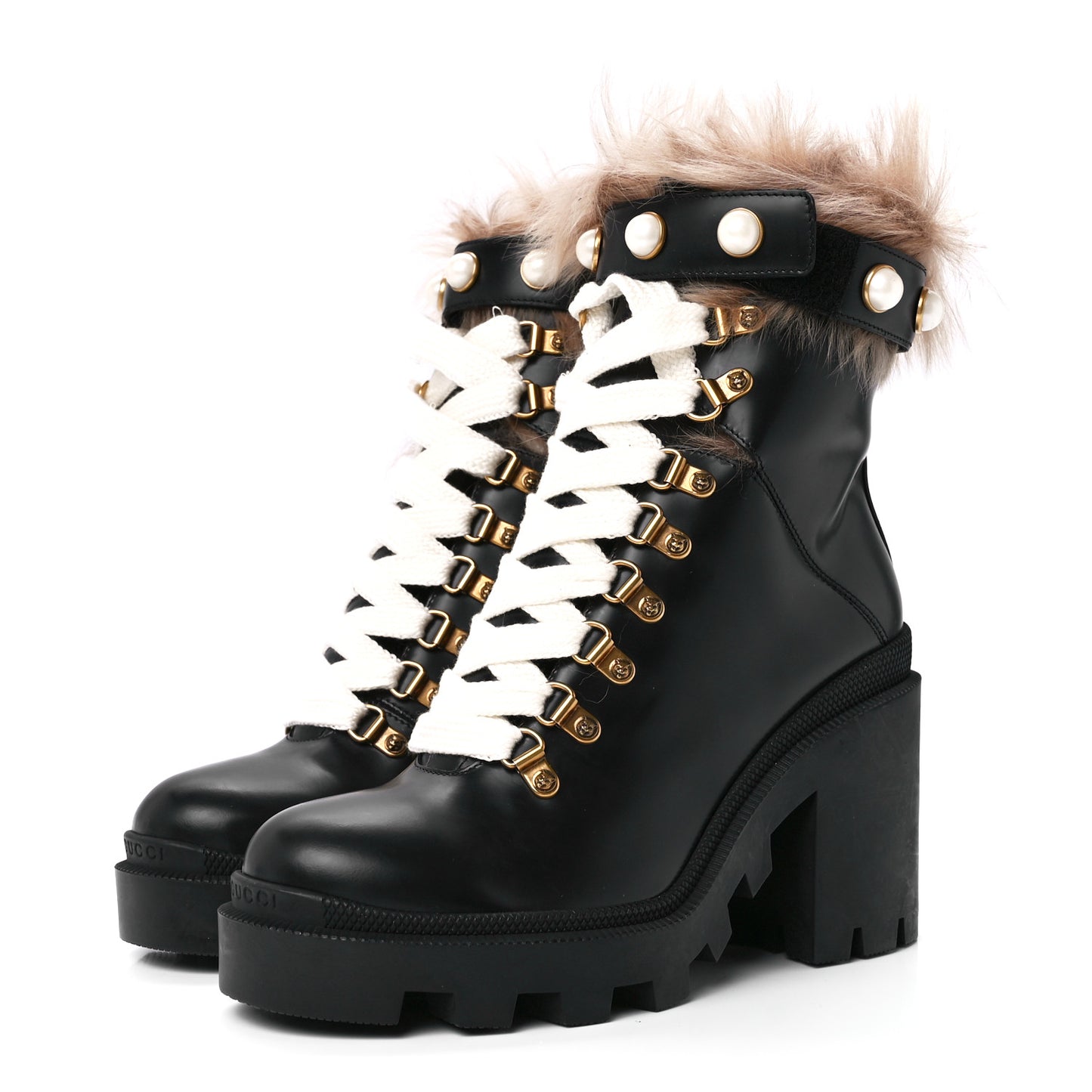 Magnum Calfskin Fur Pearl Lace Up Combat Ankle Boots 37.5 Black Naturale
