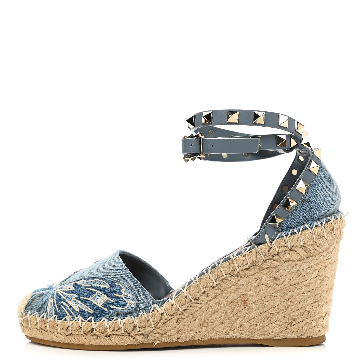 Denim Butterfly Embroidered Rockstud Ankle Wrap Espadrille 15/85mm Wedges 36 Light Denim