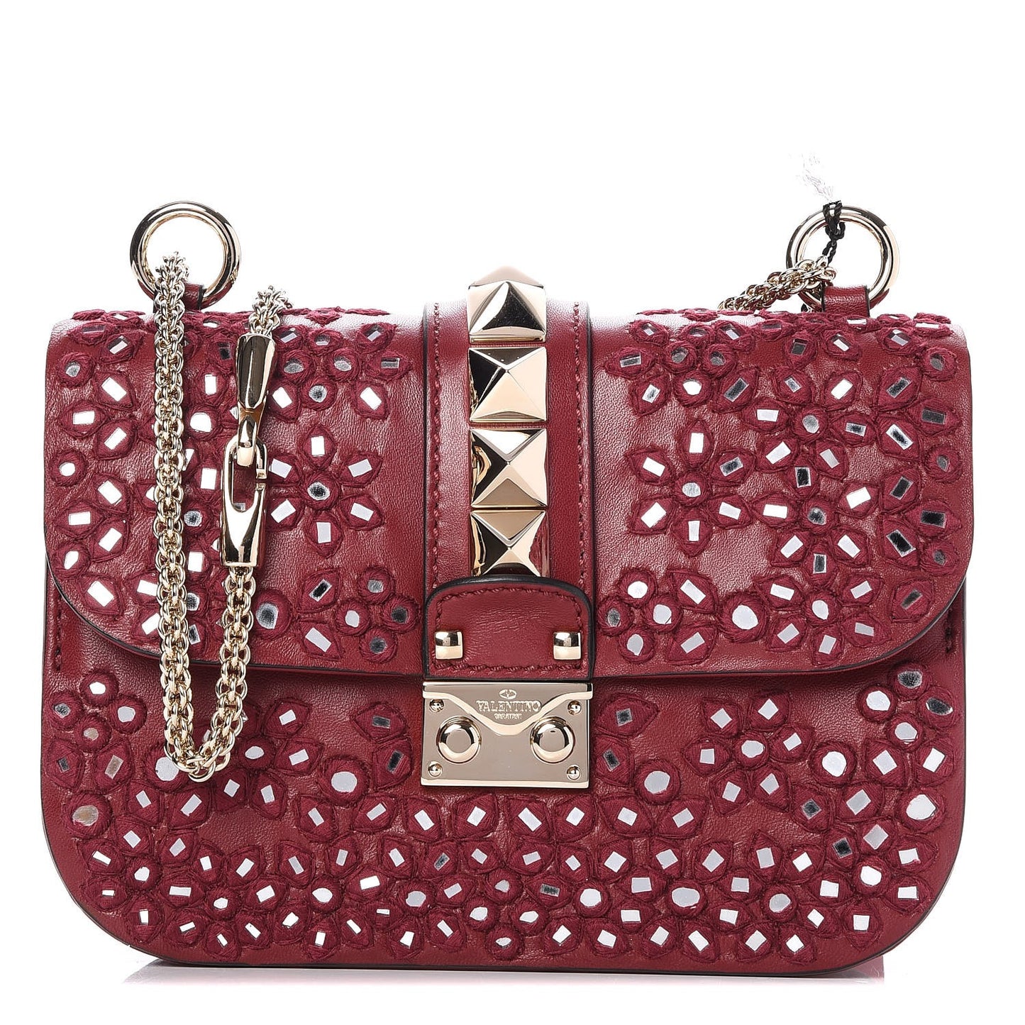 Vitello Embellished Small Glam Lock Rockstud Flap Dark Red