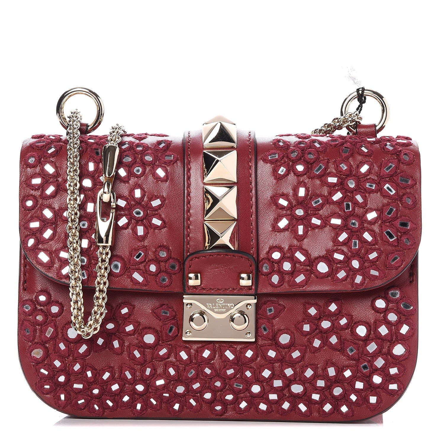 Valentino Garavani Vitello Embellished Small Glam Lock Rockstud Flap Dark Red 1 of 7