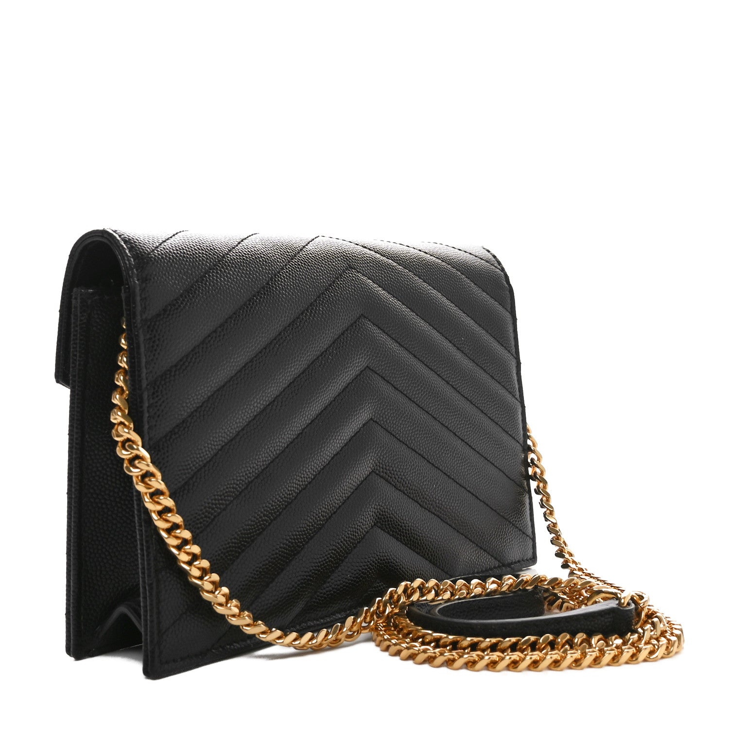 Saint Laurent Grain De Poudre Matelasse Chevron Monogram Envelope Chain Wallet Black 3 of 10