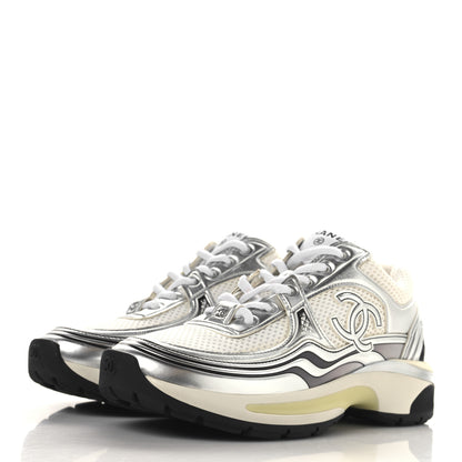 Chanel Fabric Laminated Calfskin Stretch CC Sneakers 35 White Silver 4 of 12