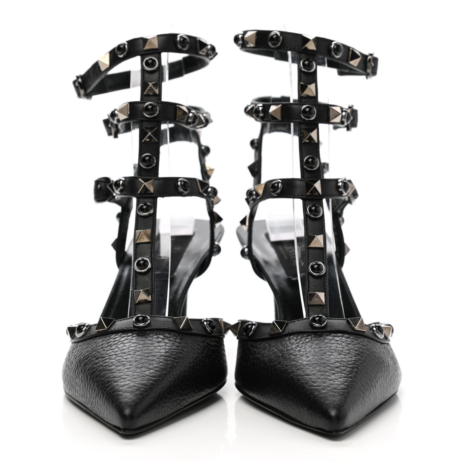 Valentino Garavani Pebbled Calfskin Onyx Rockstud Rolling Ankle Strap 65mm Pumps 37 Black 2 of 10