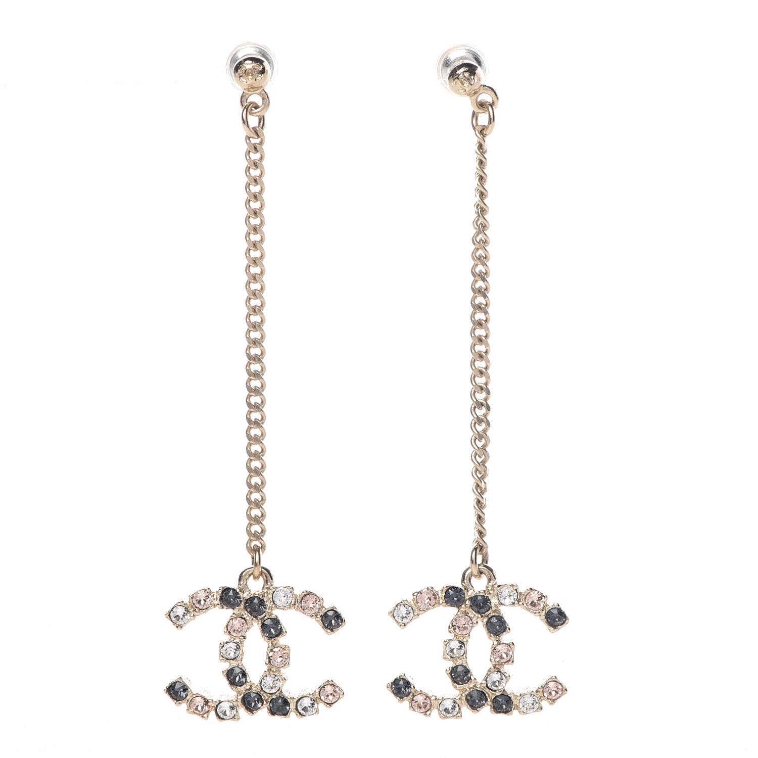 Chanel Crystal CC Drop Earrings Pink Grey Gold 1 of 3