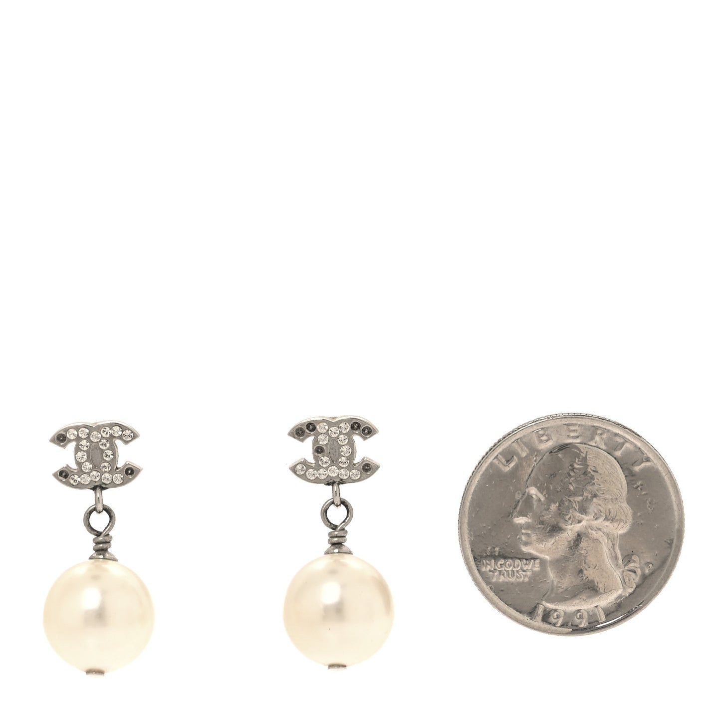 Crystal Pearl CC Drop Earrings Silver Pearly White