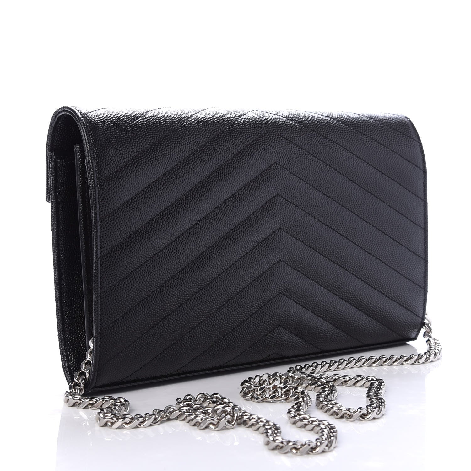 Saint Laurent Grain De Poudre Matelasse Chevron Monogram Chain Wallet Black 3 of 10