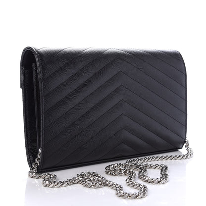 Saint Laurent Grain De Poudre Matelasse Chevron Monogram Chain Wallet Black 3 of 10