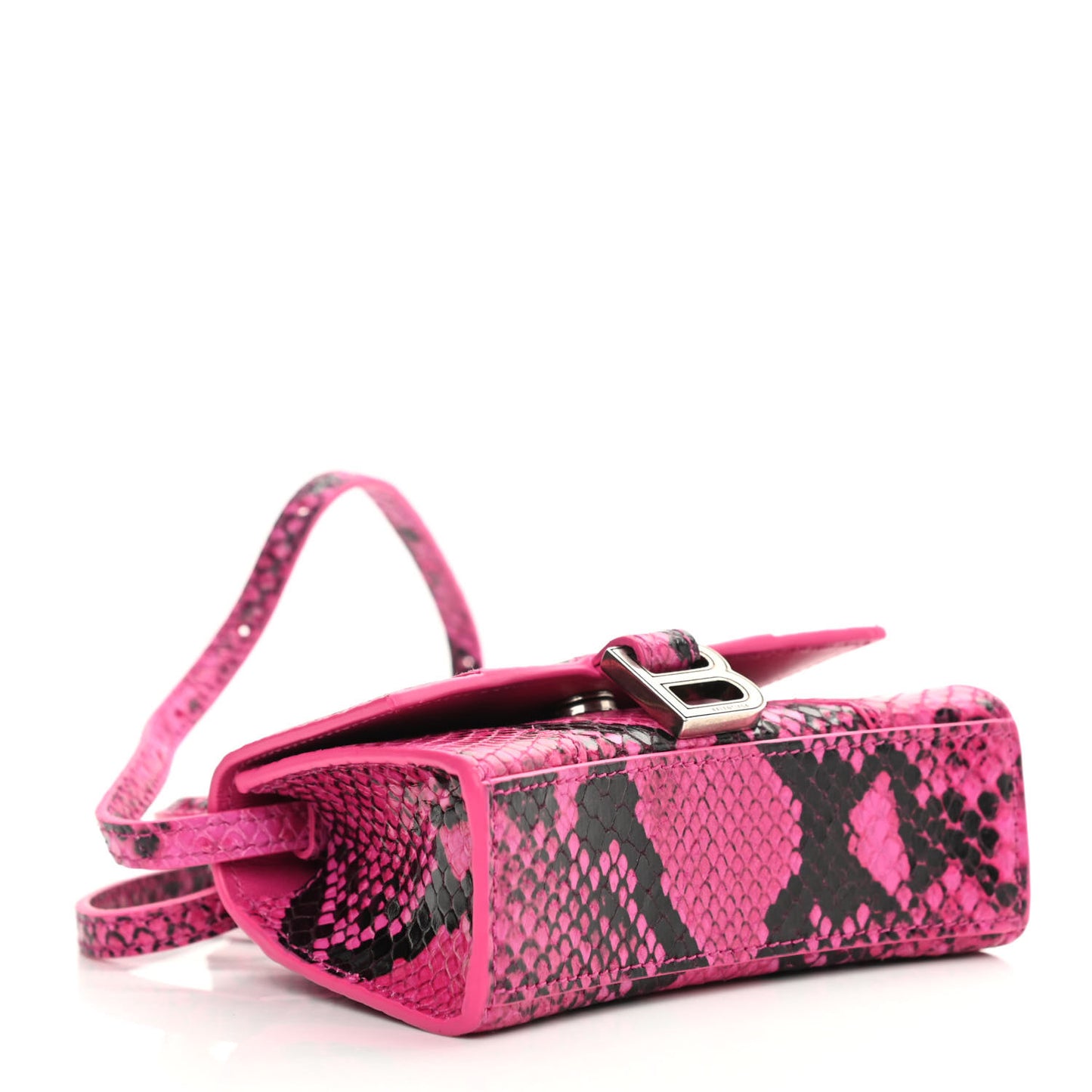 Shiny Calfskin Python Effect Hourglass Top Handle Bag Mini Fuchsia Black