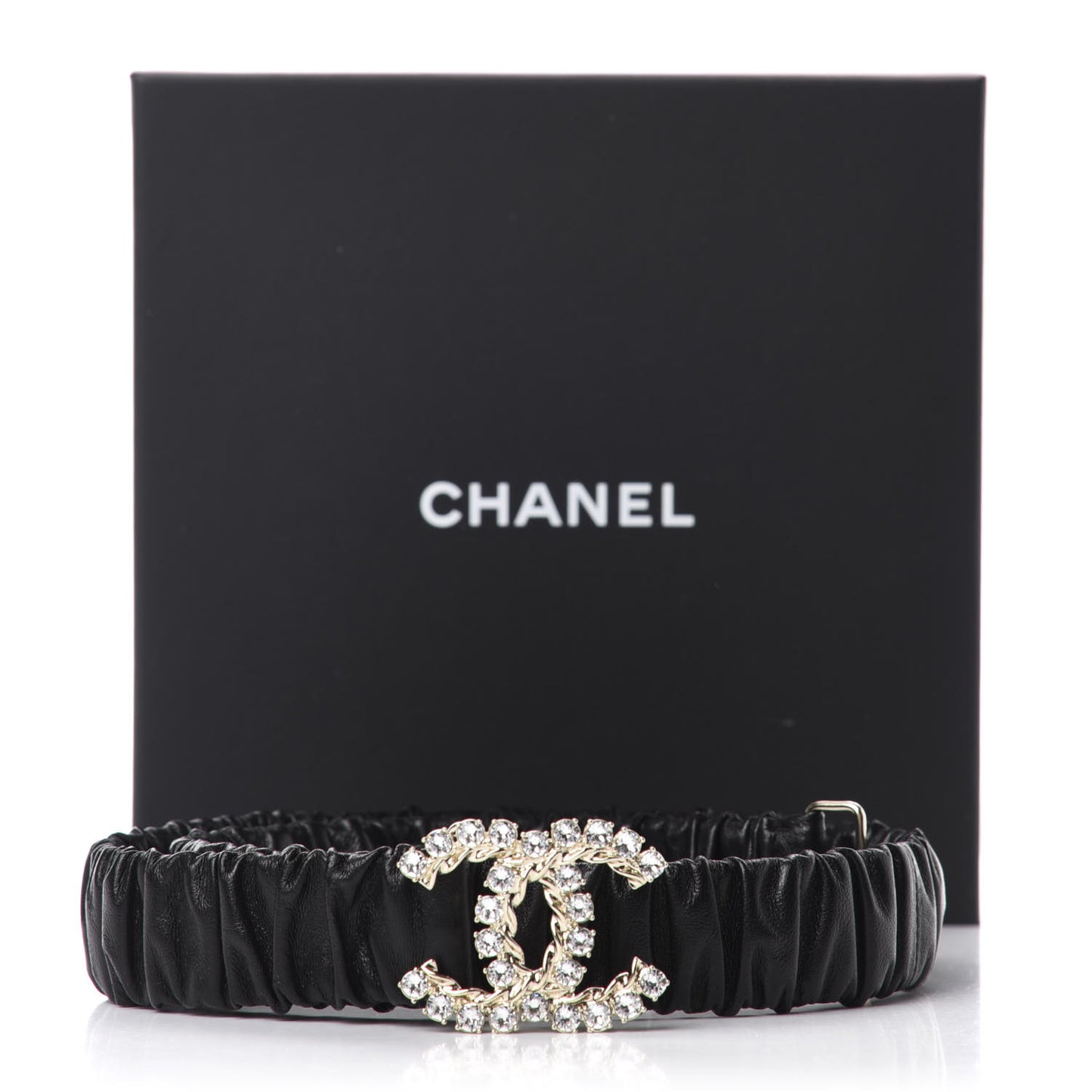 Calfskin Strass Ruched Rope CC Belt 75 30 Black