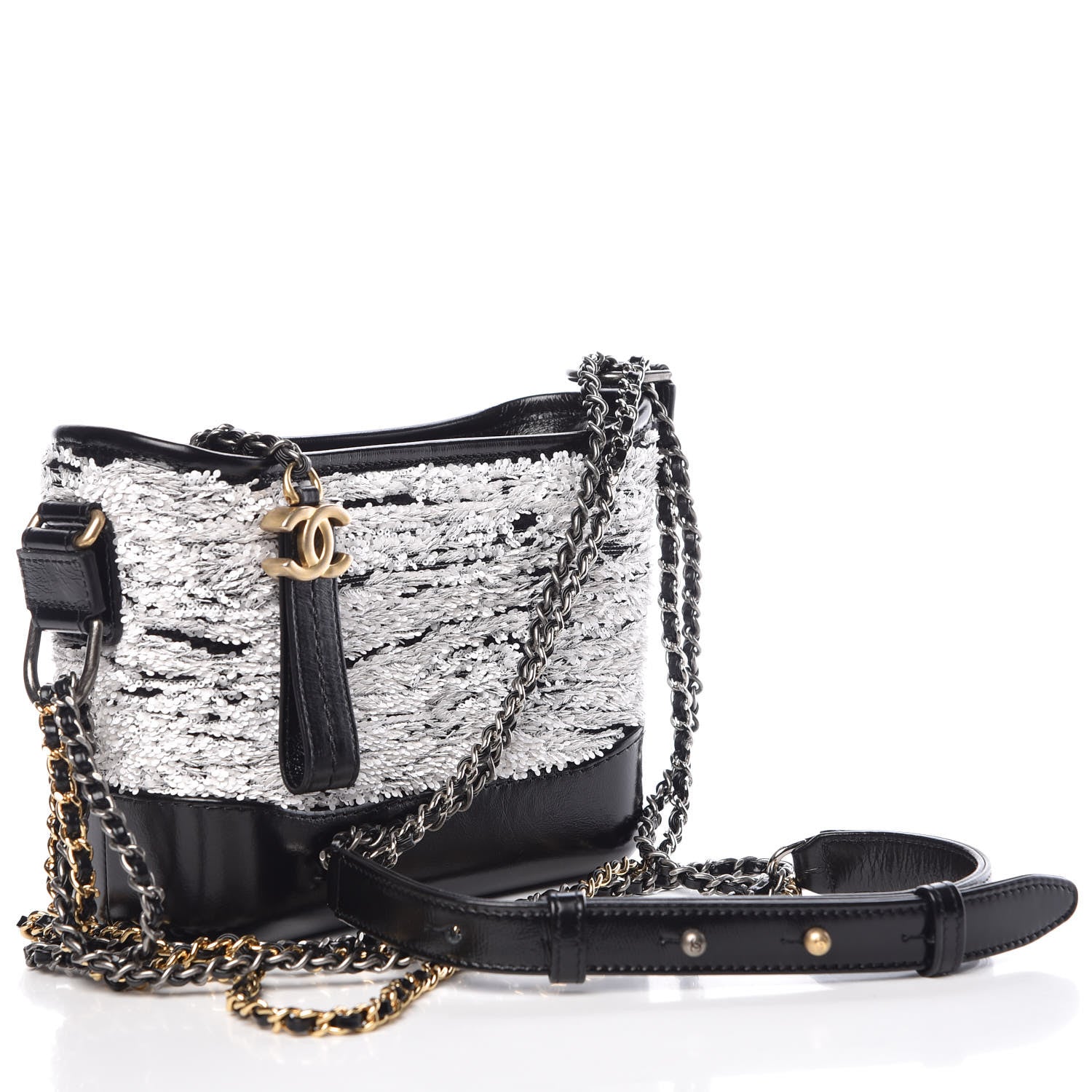 Chanel Sequin Wool Calfskin Small Gabrielle Hobo Black White 4 of 11